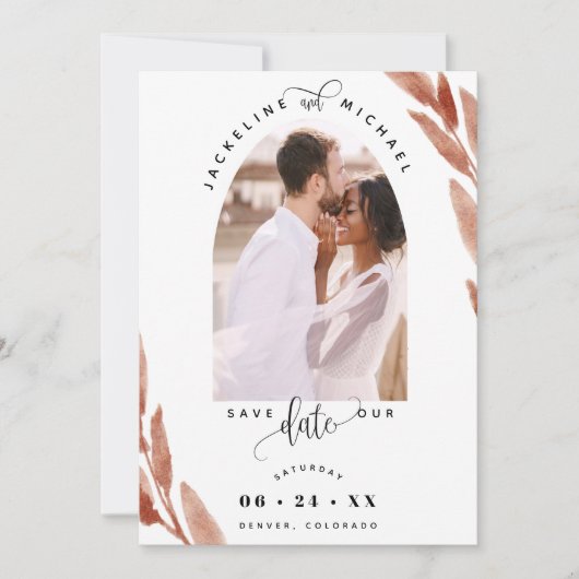 Save The Date Arc de mariage élégant avec photos et feuilles de (Devant)