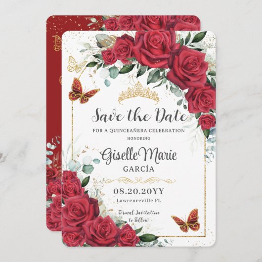 Save The Date Arc de Papillons Quinceañera en or rouge Roses Flo (Devant / Derrière)