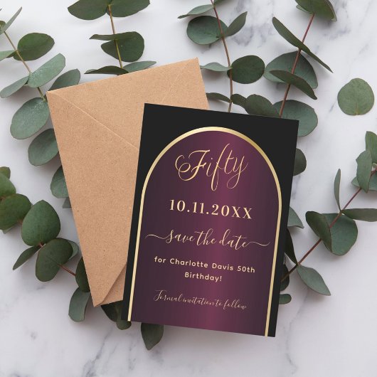 Save The Date Arc d'or bordeaux noir 50e anniversaire