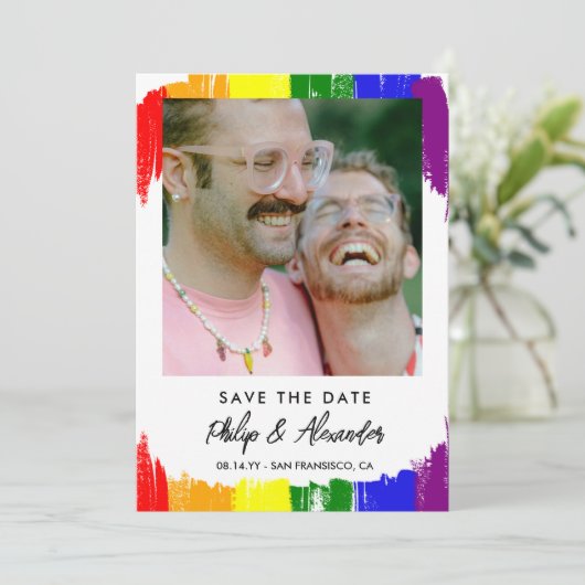 Save The Date Arc-en-ciel Brush Stripes Photo Enregistrer la dat (Debout devant)
