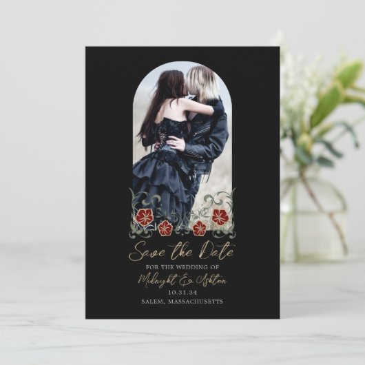 Save The Date Arc Gothique Photo Noir Mariage Enregistrer La Dat (Debout devant)