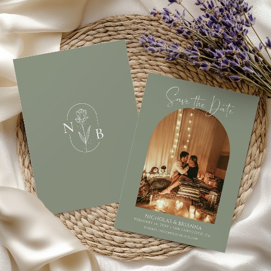 Save The Date Arc moderne Boho Photo Sage Vert Mariage Monogramm