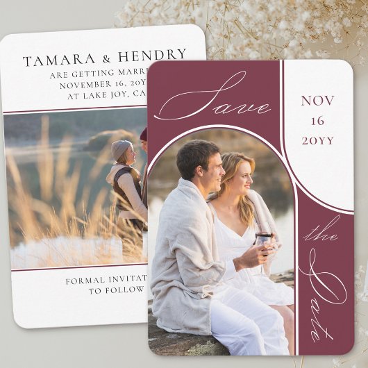 Save The Date Arc moderne photo Élégante calligraphie Bourgogne