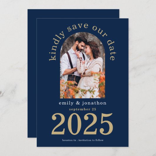 Save The Date Arc moderne Photo Mariage Marine Bleu (Devant / Derrière)