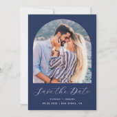 Save The Date Arc photo Boho minimal QR Code Marine Script bleu (Devant)