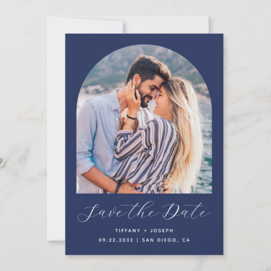 Save The Date Arc photo Boho minimal QR Code Marine Script bleu (Devant)