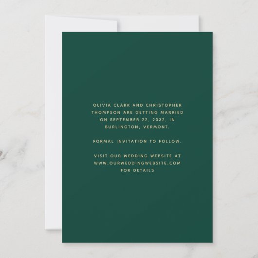 Save The Date Arc photo Boho minime Emerald Green Gold Script (Dos)