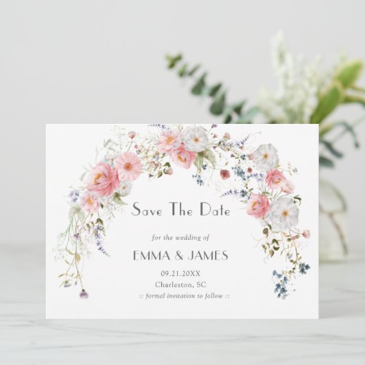 Save The Date Arch de jardin printanier Fleurs sauvages Mariage (Debout devant)