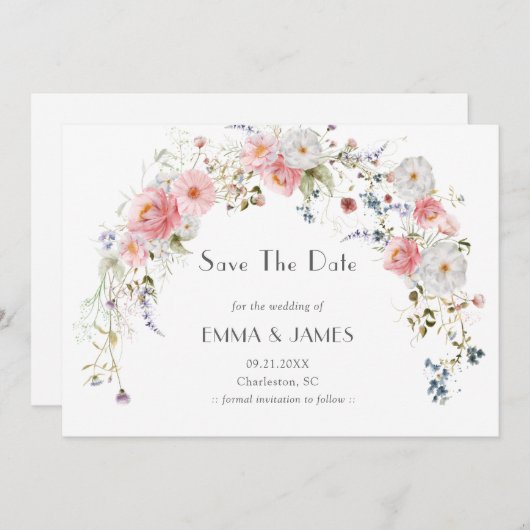 Save The Date Arch de jardin printanier Fleurs sauvages Mariage  (Devant / Derrière)
