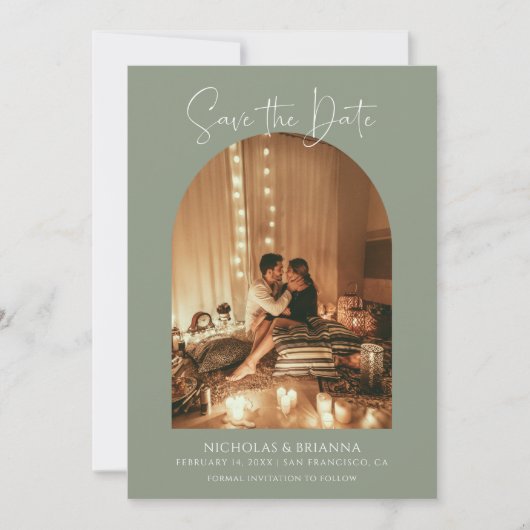 Save The Date Arch Photo moderne Boho Sage Vert Simple Mariage (Devant)