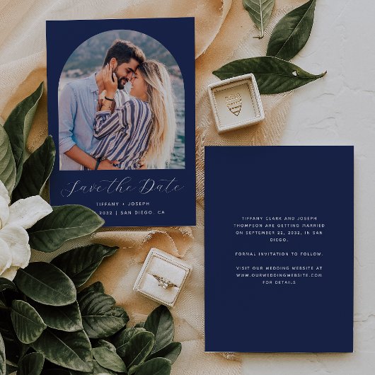 Save The Date Arche de photo bohème minimal Bleu marine Script