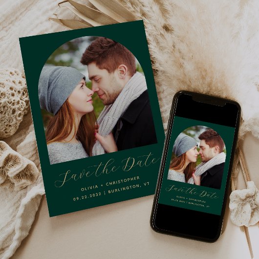 Save The Date Arche de photo Boho minimal Émeraude Vert Or Scrip