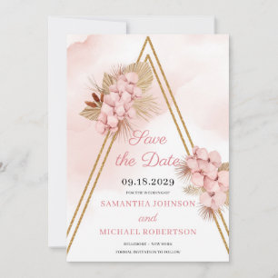 Save The Date Arche dorée Faux Orchidée rose et Palmier séché