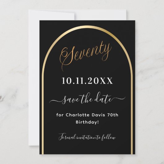 Save The Date Arche en or noir à 70e anniversaire (Devant)