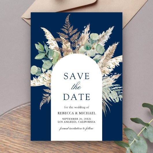 Save The Date Arche rustique en eucalyptus des Pampas bleu marin