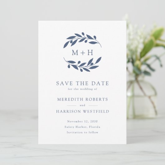Save The Date Ardoise Bleu Olive Branche Monogramme Mariage de c (Debout devant)