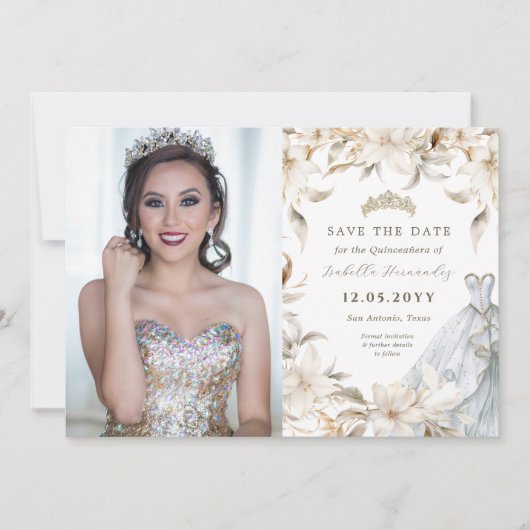 Save The Date Argent blanc Floraux hiver Quinceañera (Devant)