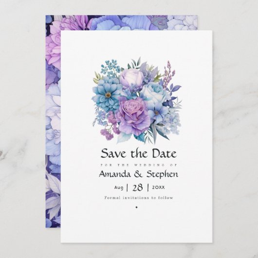 Save The Date Argent, bleu Icy et Mariage floral Lilac (Devant / Derrière)