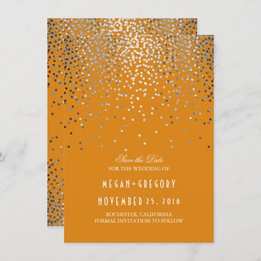 Save The Date Argent Confetti Orange Automne Enregistrer la date (Devant / Derrière)