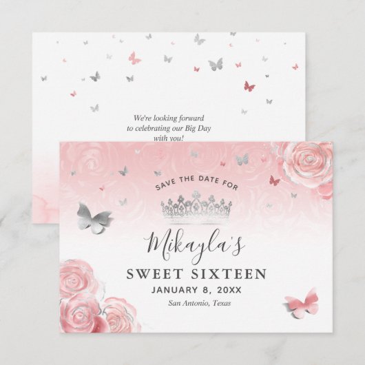 Save The Date Argent et roses roses blush clair Élégant (Devant / Derrière)