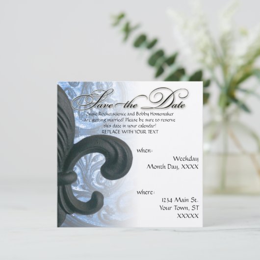 Save The Date argent/marine "fleur de lis en fer" Enregistrer la (Debout devant)