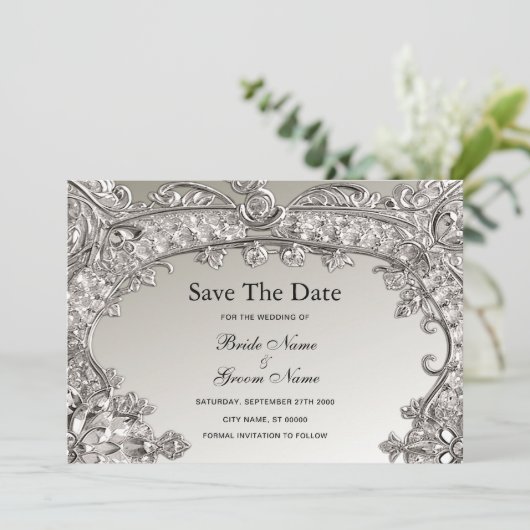 Save The Date Argent Ornate Moderne Enregistrer La Date (Debout devant)
