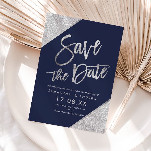 Save The Date Argent parties scintillant script bleu marine enre