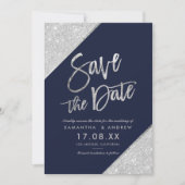 Save The Date Argent parties scintillant script bleu marine enre (Devant)