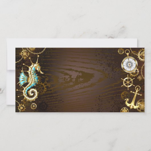 Save The Date Arrière - plan en bois avec cheval de mer mécaniqu (Devant)