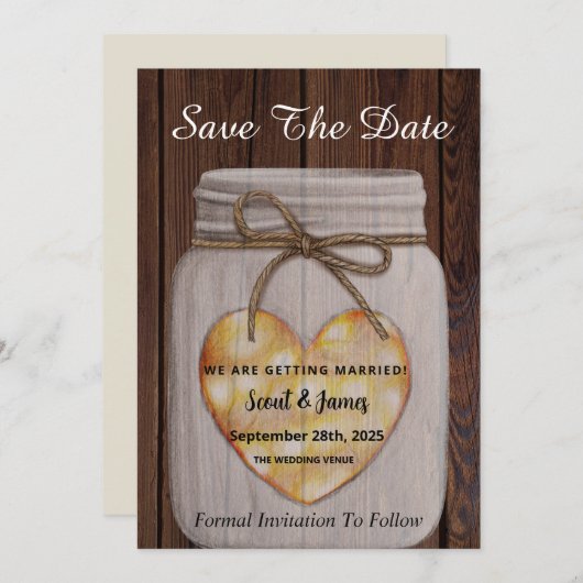 Save The Date Arrière - plan en bois avec Coeur Mason Jar (Devant / Derrière)
