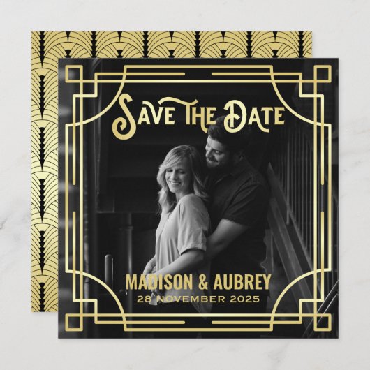 Save The Date Art Déco Ajouter votre photo Elegant Gold Enregist (Devant / Derrière)