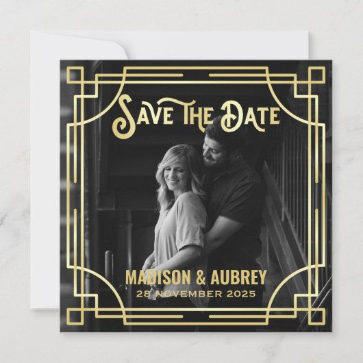 Save The Date Art Déco Ajouter votre photo Elegant Gold Enregist (Devant)