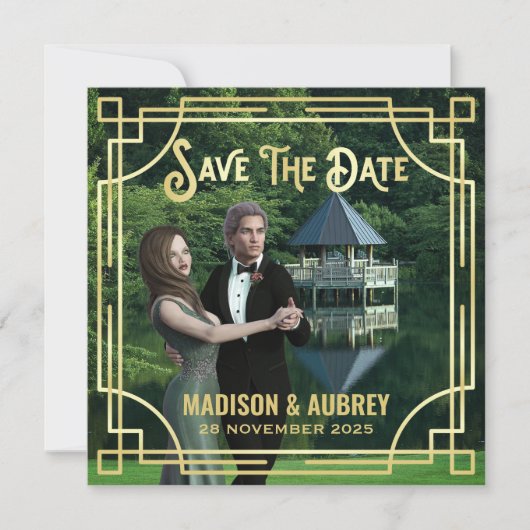 Save The Date Art Déco Ajouter votre photo Elegant Gold Enregist (Devant)