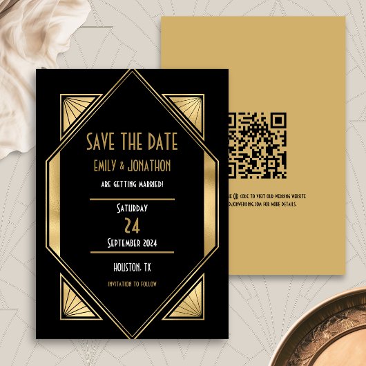 Save The Date Art Déco Black Gold QR Code Mariage Enregistrer La