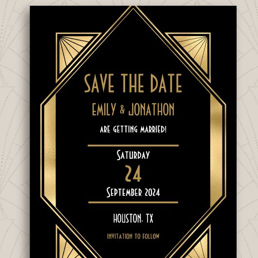 Save The Date Art Déco Black Gold QR Code Mariage Enregistrer La