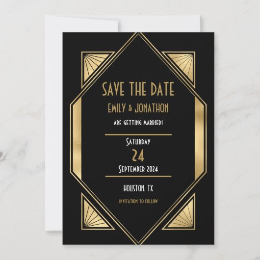 Save The Date Art Déco Black Gold QR Code Mariage Enregistrer La (Devant)