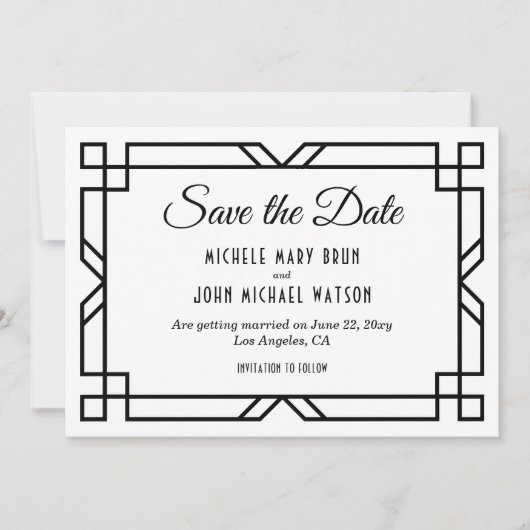 Save The Date Art Déco Classique Personnalisé Élégant Noir Blanc (Devant)