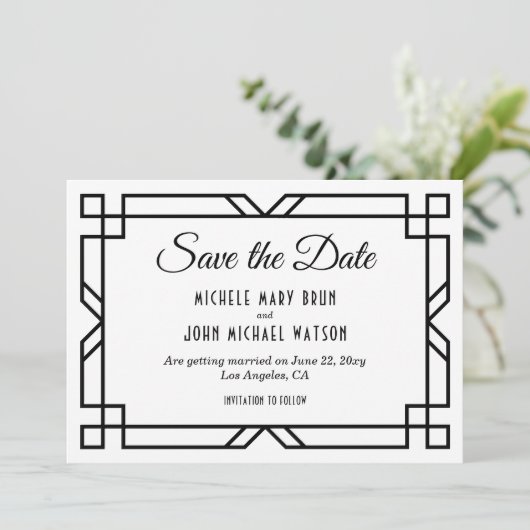 Save The Date Art Déco Classique Personnalisé Élégant Noir Blanc (Debout devant)