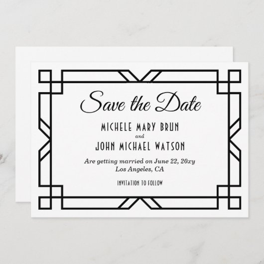 Save The Date Art Déco Classique Personnalisé Élégant Noir Blanc (Devant / Derrière)