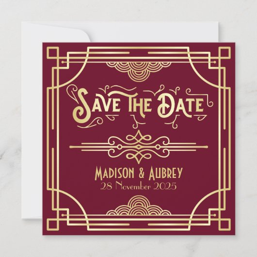 Save The Date Art Déco Enregistrer la date Gold Burgundy Great G (Devant)