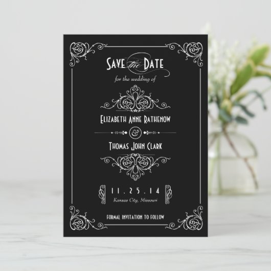 Save The Date Art déco fantaisie noir & blanc Enregistrer la dat (Debout devant)