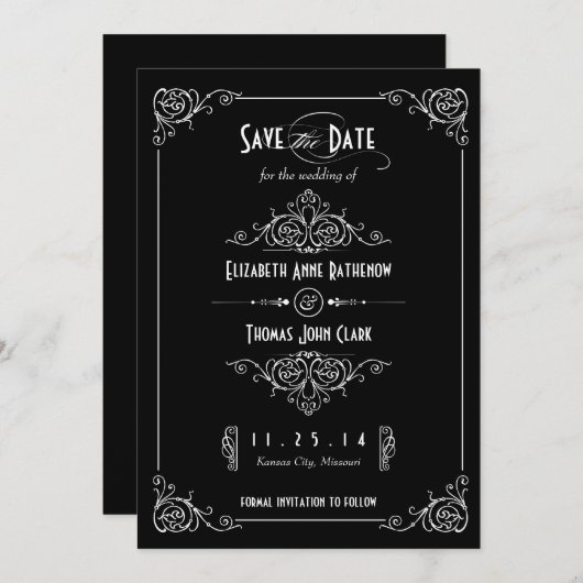Save The Date Art déco fantaisie noir & blanc Enregistrer la dat (Devant / Derrière)