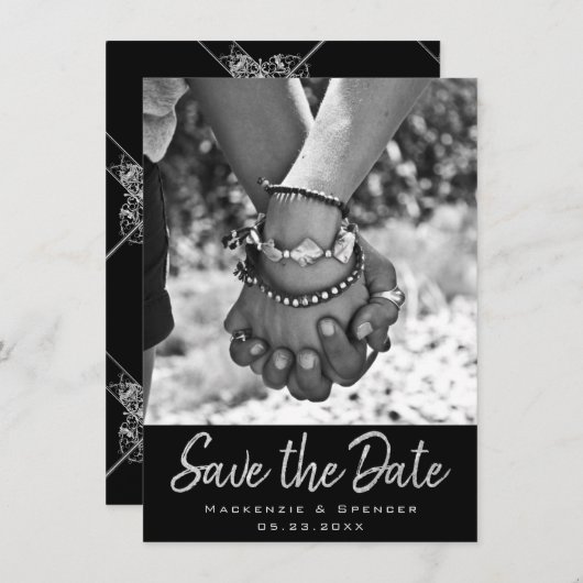 Save The Date Art déco | Géométrique noir et argent (Devant / Derrière)