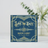 Save The Date Art Déco Mariage Elegant Or Bleu Grand Gatsby (Debout devant)