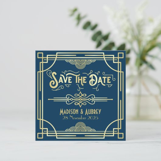 Save The Date Art Déco Mariage Elegant Or Bleu Grand Gatsby (Debout devant)