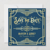 Save The Date Art Déco Mariage Elegant Or Bleu Grand Gatsby (Devant)