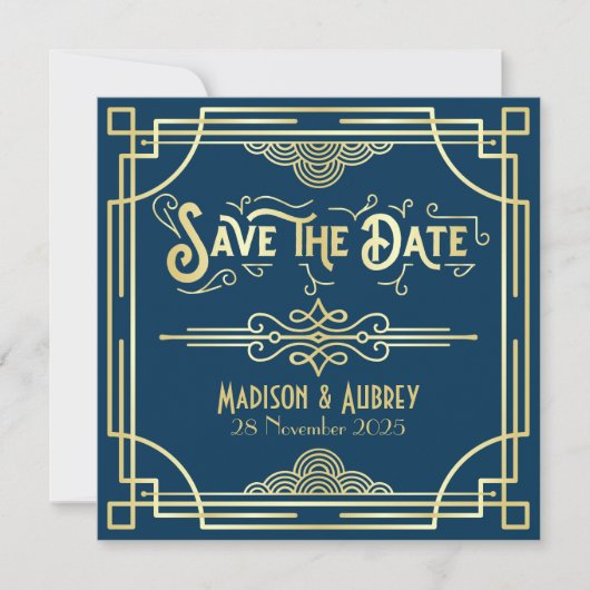 Save The Date Art Déco Mariage Elegant Or Bleu Grand Gatsby (Devant)