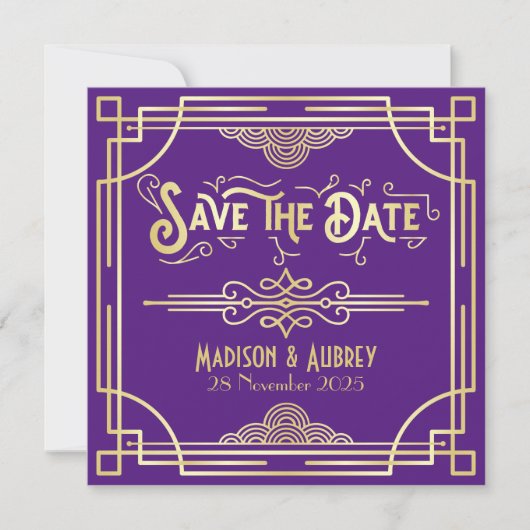 Save The Date Art Déco Mariage Elégant or violet Grand Gatsby (Devant)