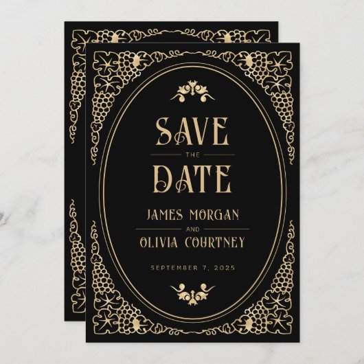 Save The Date Art déco moderne Mariage noir et or (Devant / Derrière)