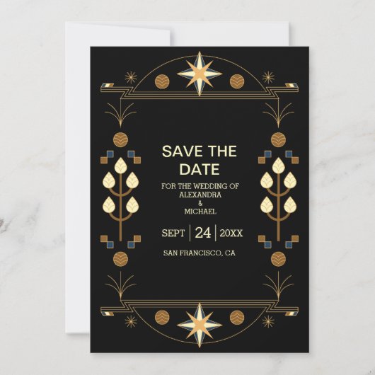 Save The Date Art déco moderne Mariage noir et or (Devant)